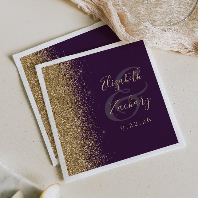 Modern mörk lila guld glitter bröllop pappersservett (Skapare uppladdad)