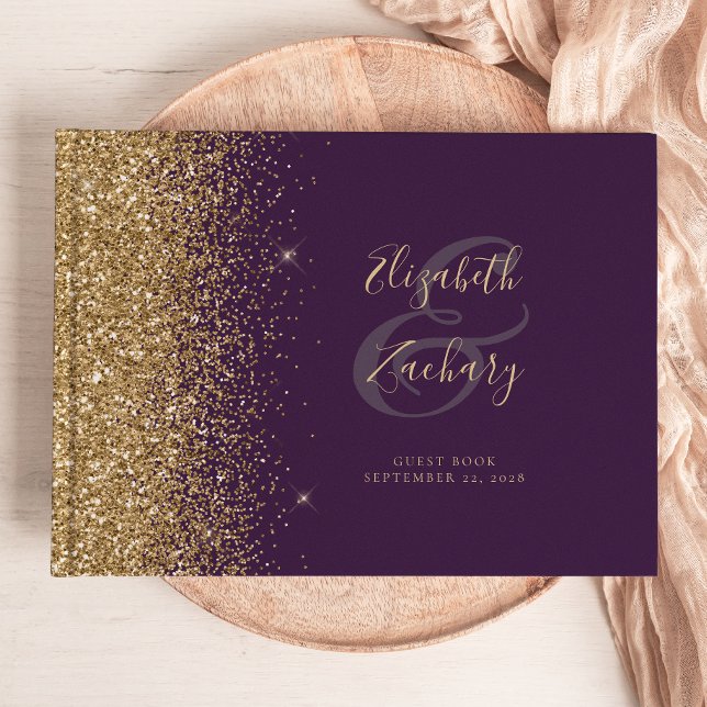 Modern mörk lila guld glitter skrift gästböcker (Skapare uppladdad)