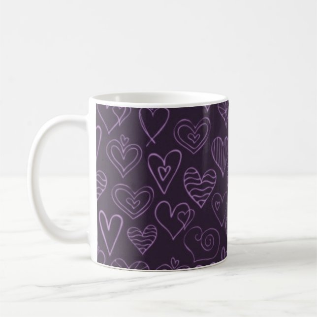 Modern Mörk Lila Hearts Mönster Kaffemugg (Vänster)