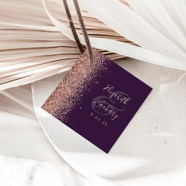 Modern mörk lila roséguld glitter bröllop gåvor etiketter