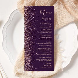 Modern mörk lila roséguld glitter bröllop meny