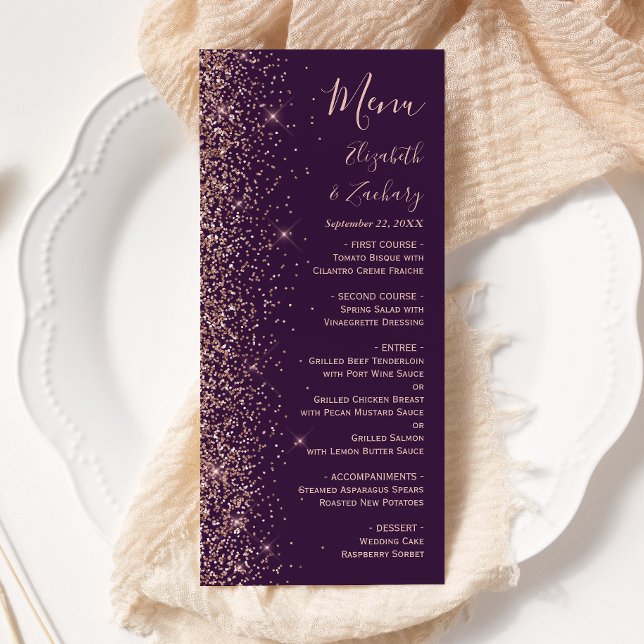 Modern mörk lila roséguld glitter bröllop meny (Skapare uppladdad)