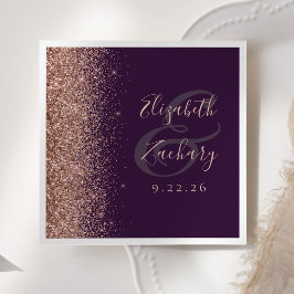 Modern mörk lila roséguld glitter bröllop pappersservett