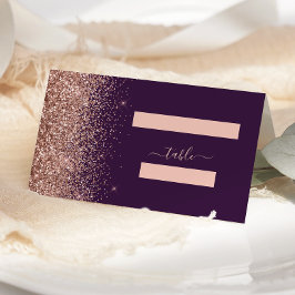Modern mörk lila roséguld glitter bröllop placeringskort