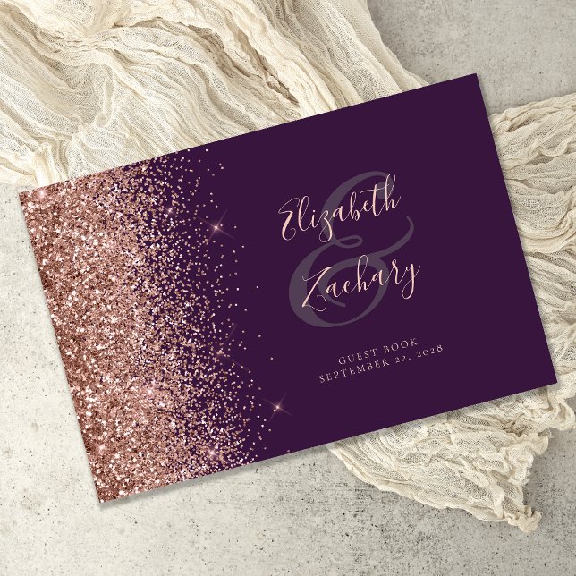 Modern mörk lila roséguld glittermanus gästböcker (Skapare uppladdad)