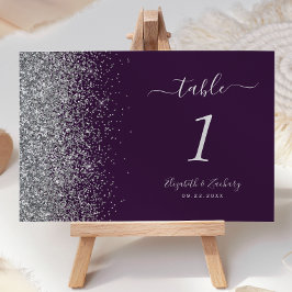 Modern Mörk Lila Silver Glitter Kant Bröllop Bordsnummer