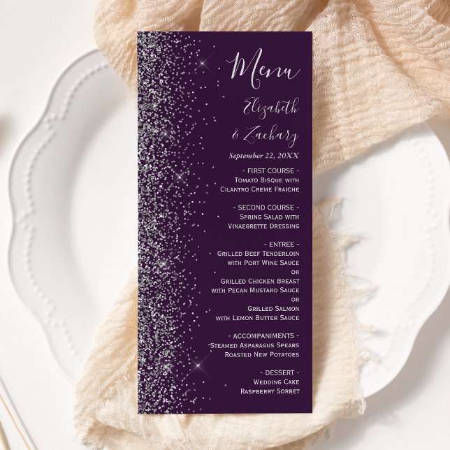 Modern Mörk Lila Silver Glitter Kant Bröllop Meny (Skapare uppladdad)