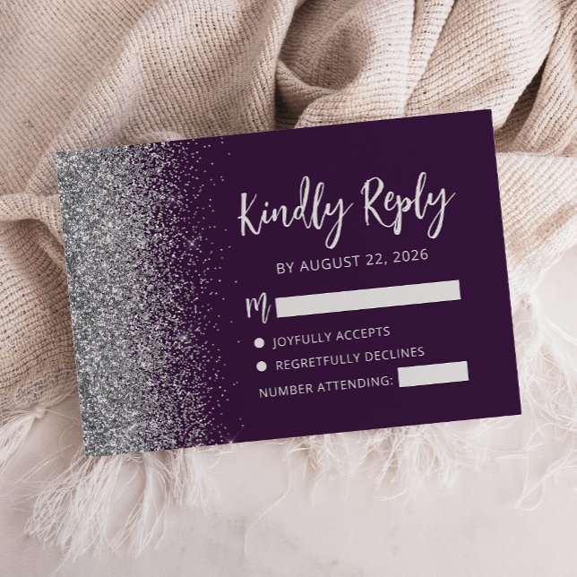 Modern mörk lila silver glitter kant skrift OSA kort (Skapare uppladdad)