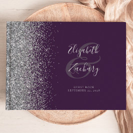Modern mörk lila silverglitter skrift gästböcker
