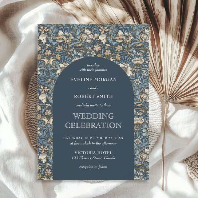 Modern Mörk pastel blue elfenben blommigt Art nouv Inbjudningar (Modern Dark pastel blue ivory floral Art Nouveau Invitation)