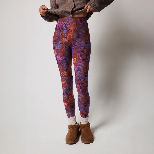 Modern Mörk Red Lila Tropical Löv Mönster Leggings (Modern dark red purple tropical leaf pattern printed leggings design, for yoga, fitness & lifestyle.)