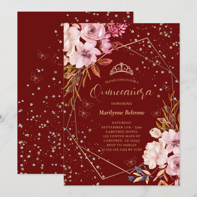 Modern Mörk Red Quinceañera-inbjudan Inbjudningar (Fram/baksida)