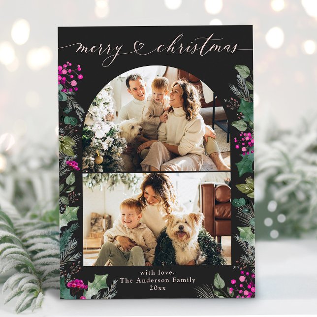 Modern Mörk Rosa Botaniskt 2-fotomjulkort Julkort (Skapare uppladdad)