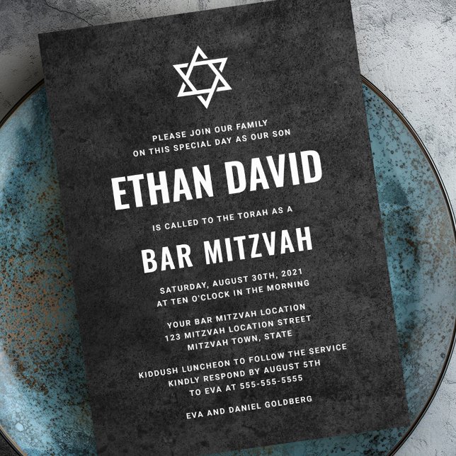 Modern mörk rund struktur pub mitzvah inbjudningar (Modern dark rough texture bar mitzvah invitation)