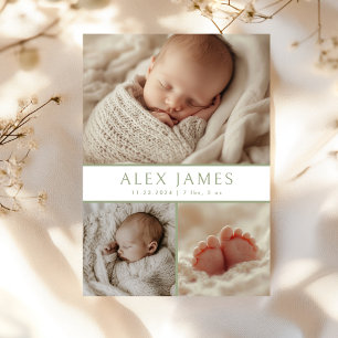 Modern Mörk Sage Grönt Photo Collage Baby Birth Meddelande