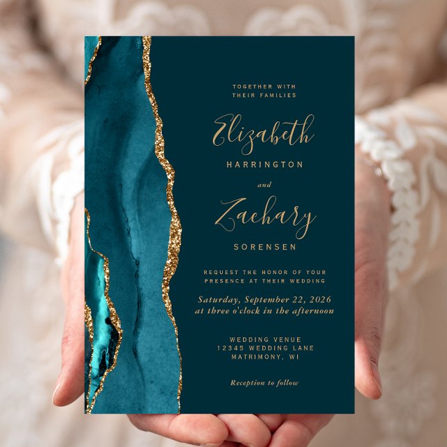 Modern mörk teal guld agat bröllopsinbjudan inbjudningar (Skapare uppladdad)