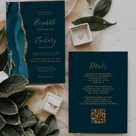 Modern Mörk Teal Guld Agat QR-kod Bröllop Inbjudningar