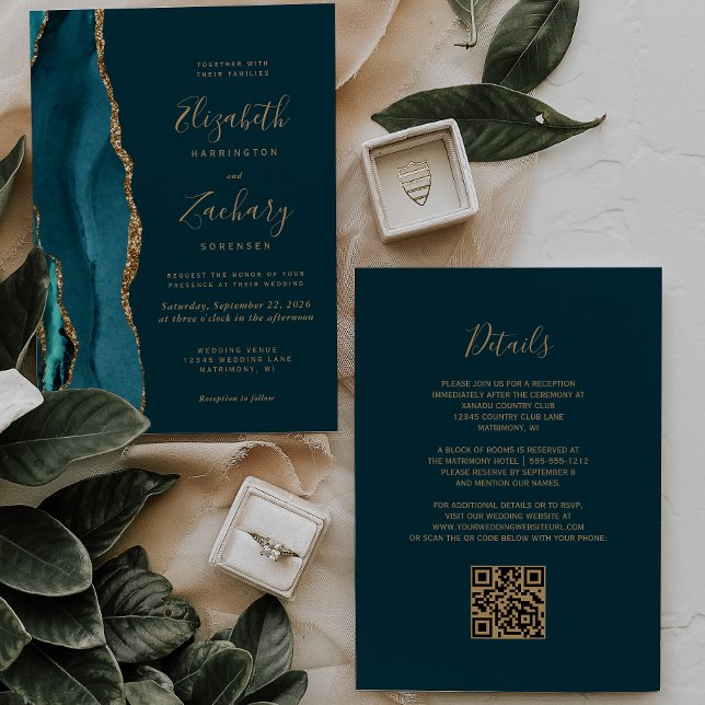 Modern Mörk Teal Guld Agat QR-kod Bröllop Inbjudningar (Skapare uppladdad)