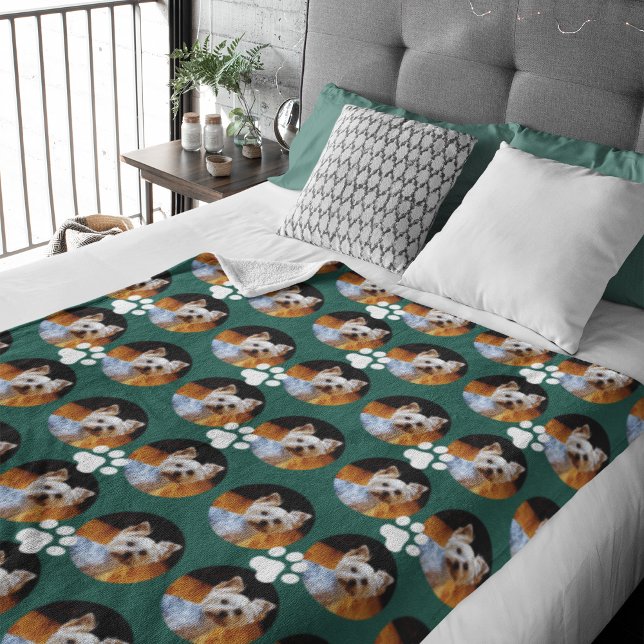Modern Mörk Teal Pet Photo Paw Skriv ut Mönster Cu Fleecefilt (Skapare uppladdad)