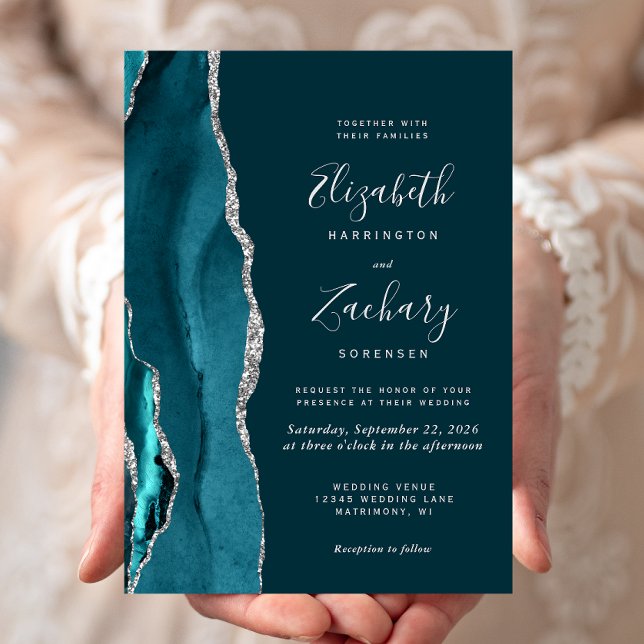 Modern mörk teal silveragat vigselinbjudan inbjudningar (Skapare uppladdad)