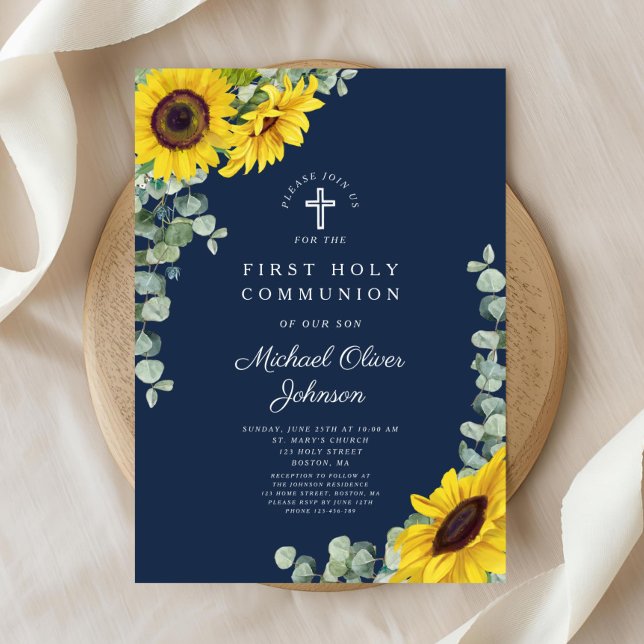 Modern mörkblå blomstergurka första heliga kommuni inbjudningar (Modern Navy Blue Floral First Holy Communion Invitation)