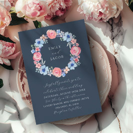 Modern mörkblå blomsterkrans akvarell bröllop inbjudningar