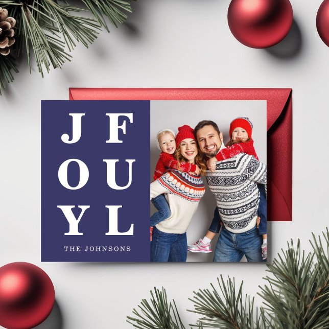 Modern mörkblå glädjefull jul med ett foto julkort (Modern Navy Blue Joyful One Photo Christmas Holiday Card)