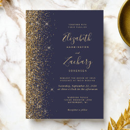Modern mörkblå guld falsk glitterkant bröllop inbjudningar