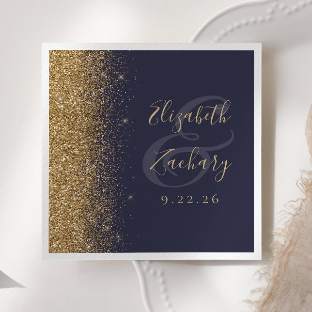 Modern mörkblå guld glitter kant bröllop pappersservett (Skapare uppladdad)