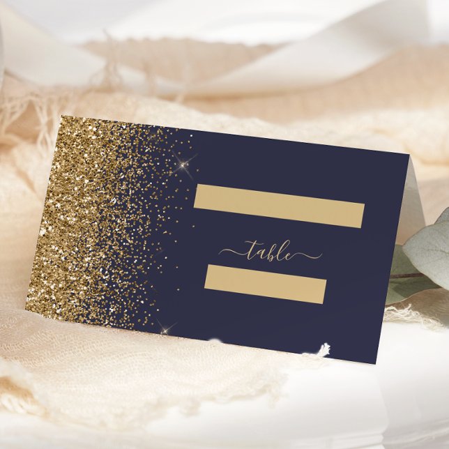 Modern mörkblå guld glitter kant bröllop placeringskort (Skapare uppladdad)