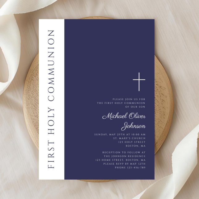 Modern mörkblå kors första nattvarden inbjudningar (Modern Navy Blue Cross First Holy Communion Invitation)