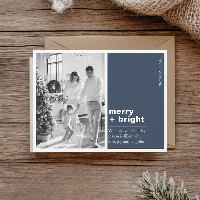 Modern mörkblå Merry + Bright julfotografisk kort  (Skapare uppladdad)