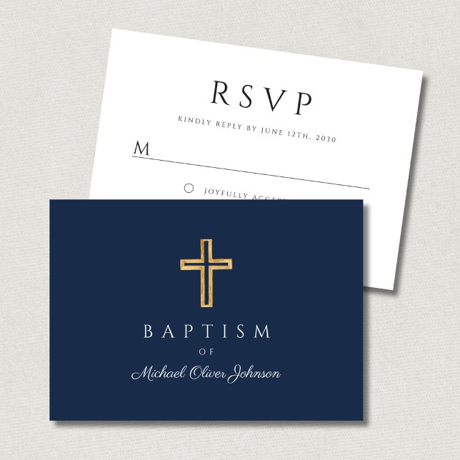 Modern mörkblå religiös korspojke dop OSA kort (Modern Navy Blue Religious Cross Boy Baptism RSVP Card)