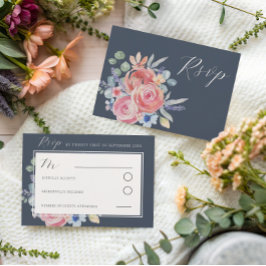 Modern Mörkblå Ros Blommig Akvarell Bröllop OSA Kort