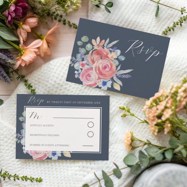 Modern Mörkblå Ros Blommig Akvarell Bröllop OSA Kort (Skapare uppladdad)