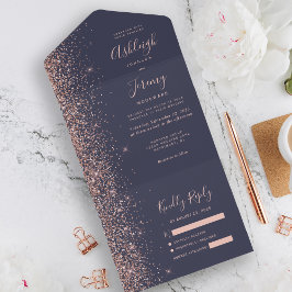 Modern mörkblå roséguld glitter bröllop