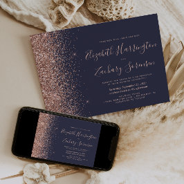 Modern mörkblå roséguld glitter bröllop inbjudningar