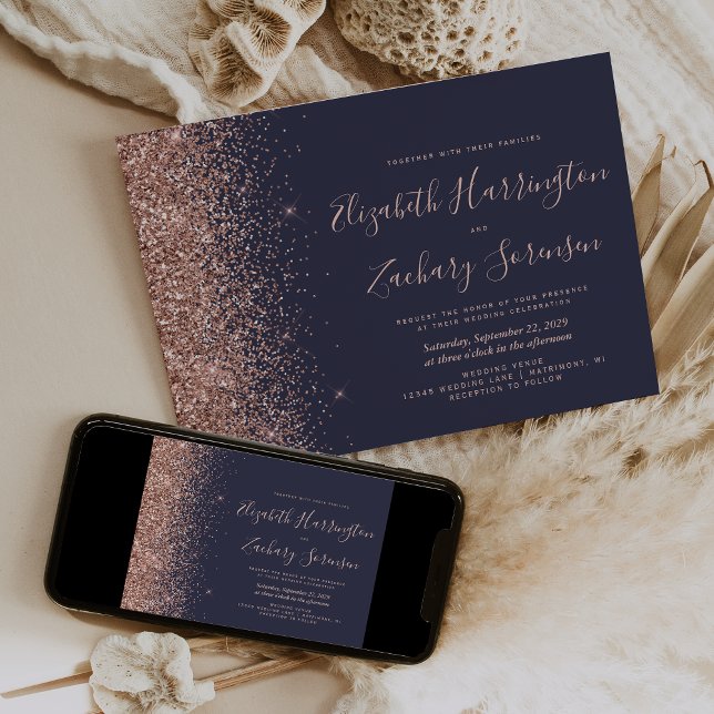 Modern mörkblå roséguld glitter bröllop inbjudningar (Skapare uppladdad)