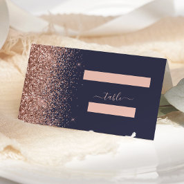 Modern mörkblå roséguld glitter kant bröllop placeringskort