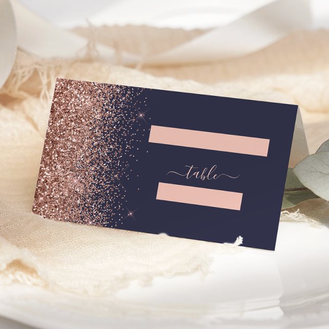 Modern mörkblå roséguld glitter kant bröllop placeringskort (Skapare uppladdad)
