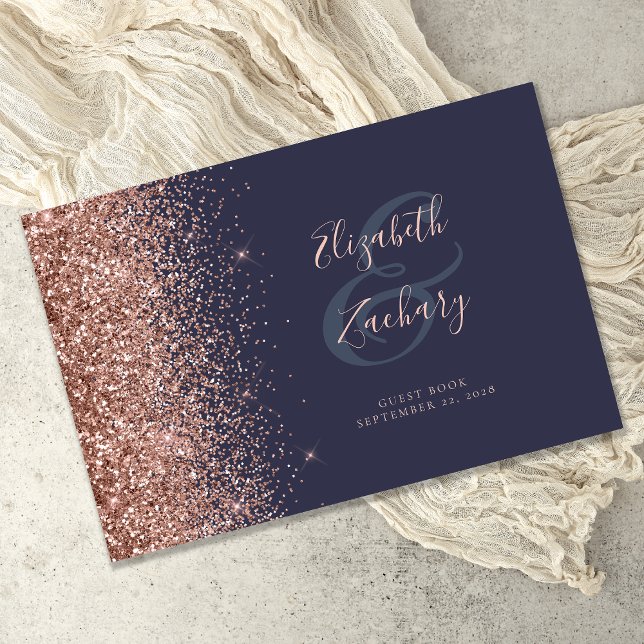 Modern mörkblå roséguld glitter-skrift gästböcker (Skapare uppladdad)