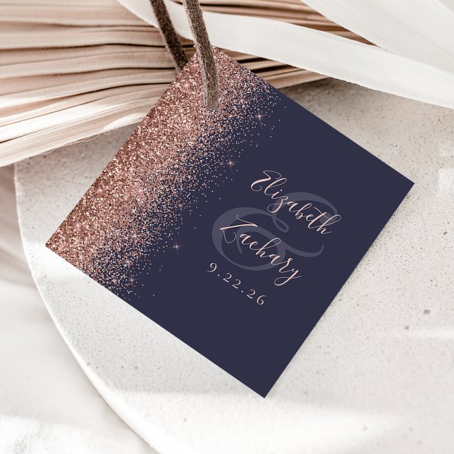 Modern mörkblå roséguld glitterbröllop gåvor etiketter (Skapare uppladdad)