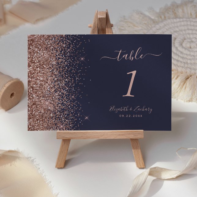 Modern mörkblå roséguld glitterkant bröllop bordsnummer (Skapare uppladdad)