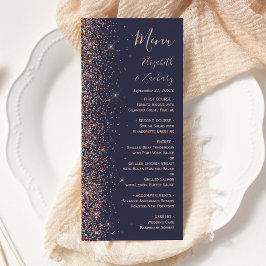 Modern mörkblå roséguld glitterkant bröllop meny