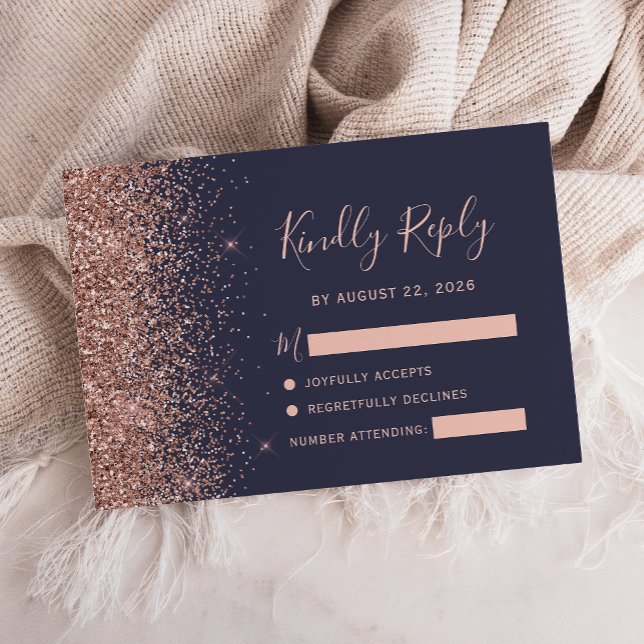 Modern mörkblå roséguld glitterkant RSVP-kort OSA Kort (Skapare uppladdad)