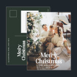 Modern mörkgrön akvarell botanisk typografi helg vykort<br><div class="desc">Modern full bleed foto elegant rustik akvarell torkad botanisk blomster- stämning dämpade färger högtid julkort. Sagegrön,  jägaregrön,  svart,  vit och brun modern trendig färgskala.</div>