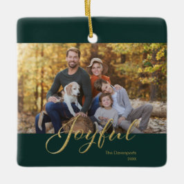 Modern Mörkgrön Glädjefull Guld Skrift Familjefoto Julgransprydnad Keramik