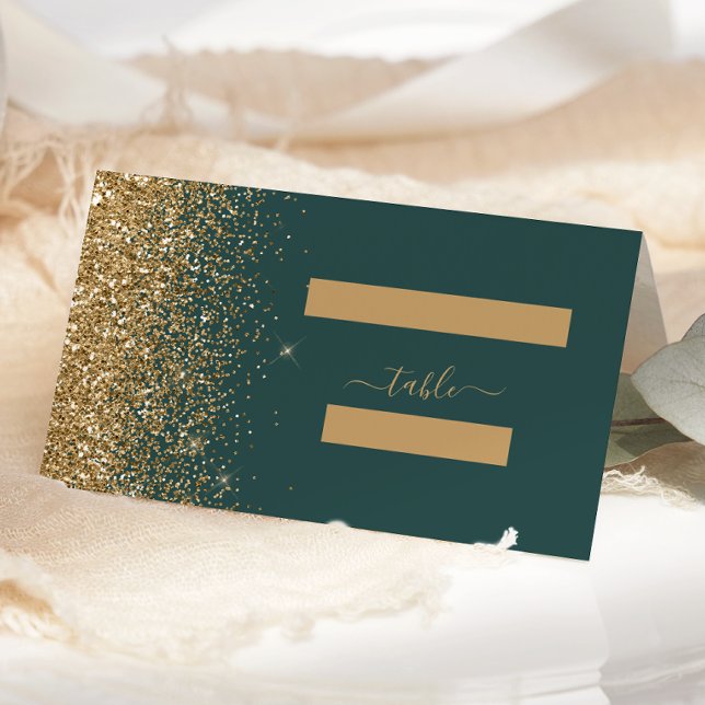 Modern Mörkgrön Guld Glitter Kant Bröllop Placeringskort (Skapare uppladdad)