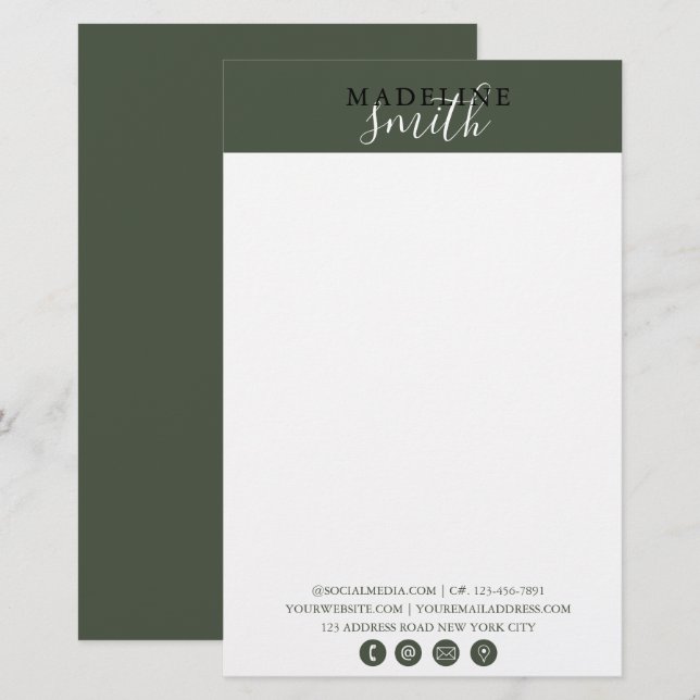 Modern mörkgrön handstil brevpapper (Fram/baksida)