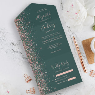 Modern mörkgrön roséguld glitter bröllop